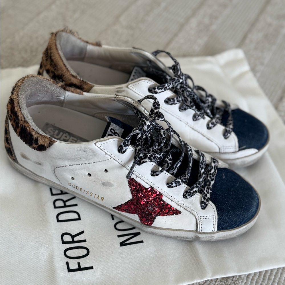 Golden Goose Superstar Denim Toe White Leather, Red Glitter Star & Leopard Laces